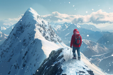 A determined adventurer, standing triumphantly on a snowy mountain peak, embodying the spirit of exploration and achievement in winter