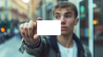 of a young adult showing a credit card, blurred urban background. Transparent mockup of credit card or ID card. 