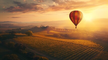A person riding a hot air balloon floating over a vineyard bathed in the warm glow of the setting sun. - Powered by Adobe