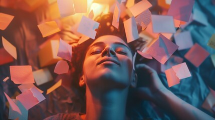 A person surrounded by positive affirmations, showcasing the impact of self-love and positive thinking on mental well-being. - obrazy, fototapety, plakaty
