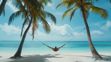 A person relaxing in a hammock strung between two palm trees on a pristine white sand beach.