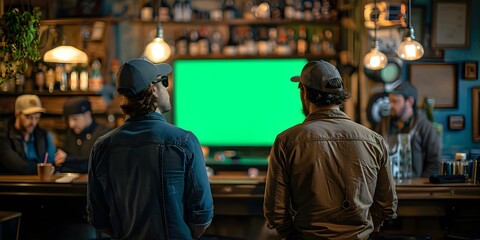 Men watching a green screen in a bar setting perfect for advertising . Concept Green Screen Advertising, Bar Scene, Men Watching, Marketing Campaign, Pub Environment