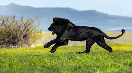 Black lion runs across the field
