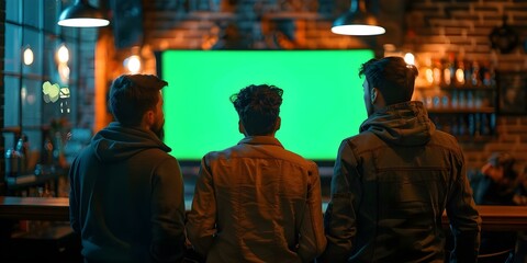 Men sitting at a bar watching a green screen for potential advertising opportunities. Concept Bar Marketing, Advertising Campaign, Interactive Media, Green Screen Technology, Brand Promotion