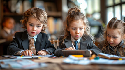 Cute group of children dressed in miniature business suits sitting around a small table, playing in busineessmen. Doing paperwork and calculating profit