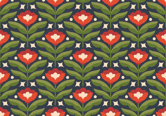 Abstract retro floral seamless pattern. Vector vintage flower art deco texture. Geometric minimalist background. - 756536993