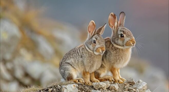a pair of rabbits on a rock footage