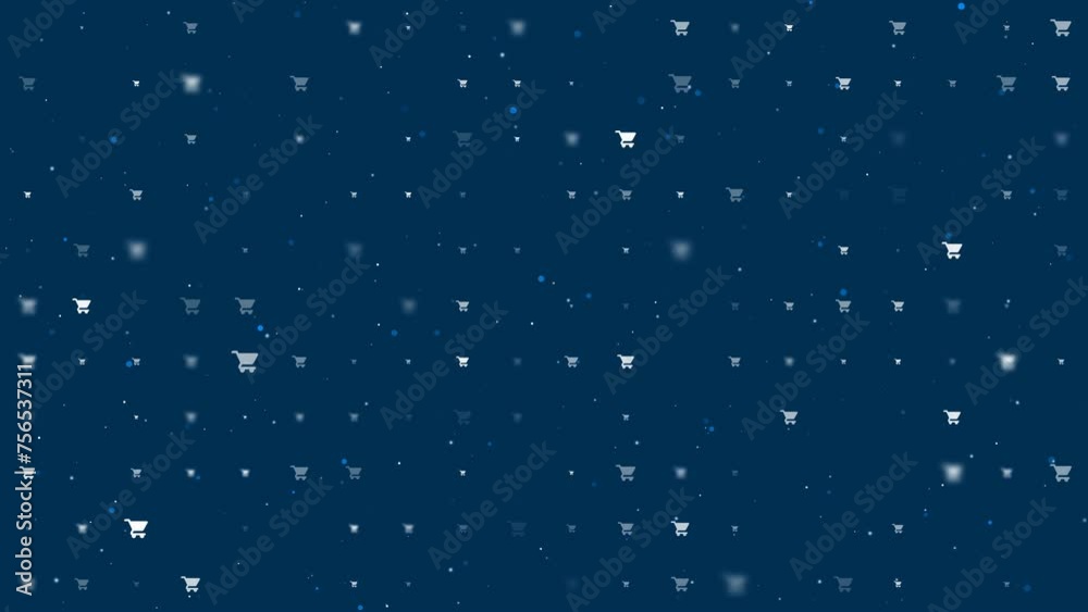 Poster template animation of evenly spaced shopping cart symbols of different sizes and opacity. animation 