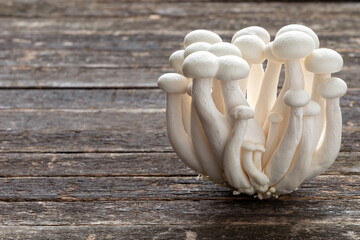 A clump of shimeji mushrooms on a naturally aged wooden background.