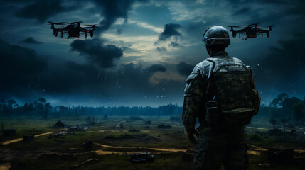 The Power of Drones. Modern Warfare. Military Drone - obrazy, fototapety, plakaty