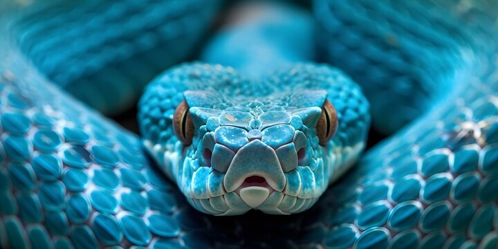Close-up of the vibrant blue viper snake's face. Concept Wildlife Photography, Animal Close-ups, Exotic Reptiles, Blue Viper Snake