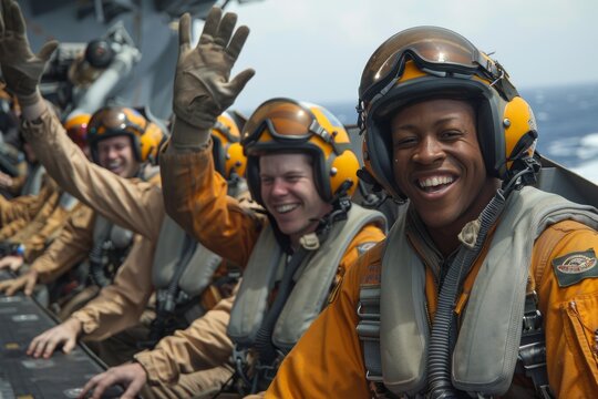Flight deck crew celebrating with high spirits during a jet catapult launch