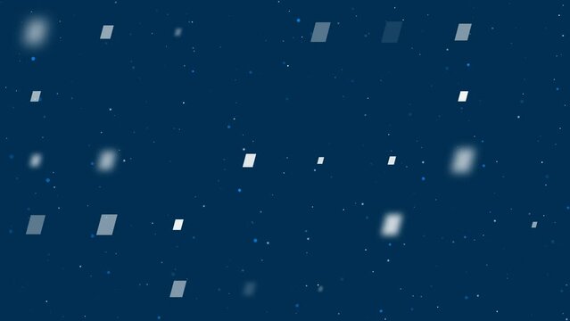 Template animation of evenly spaced parallelogram symbols of different sizes and opacity. Animation of transparency and size. Seamless looped 4k animation on dark blue background with stars