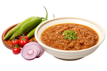 Fermented soybean paste Add bird's eye chilli Served with fresh, spicy vegetables, isolated on a transparent background.