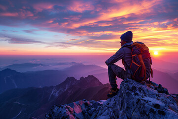 A man who hikers enjoys a break look at the top of the mountain at sunset adventure travel