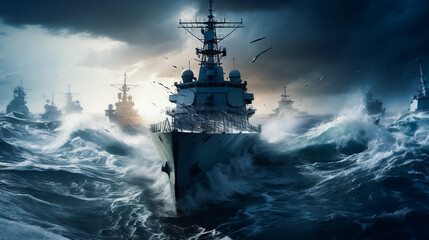 Warship on a Maritime Mission. Navy Warship at Sea - obrazy, fototapety, plakaty