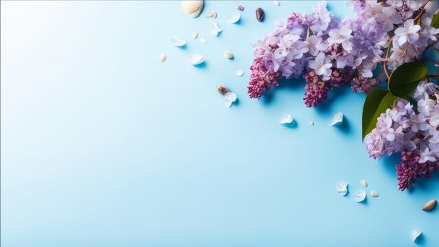A delicate background with free space, lilac and small shells.