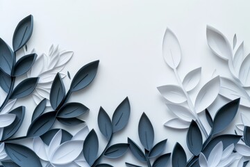 Fototapeta premium Elegant monochromatic paper art leaves arranged in a delicate composition on a clean white background.