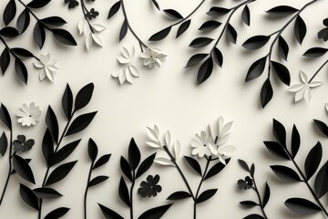 A sophisticated black and white botanical paper art composition, perfect for minimalist and modern design themes. - 756538578