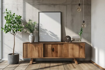 Scandinavian Living Room Interior with Wooden Sideboard and Mockup Posters