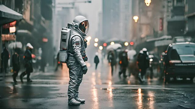 A spaceman is standing in the city