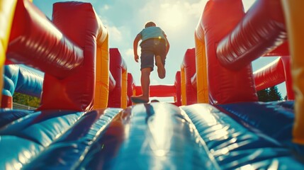 a child seen from behind climbing on a large inflatable obstacle course. Sunny summer day. - obrazy, fototapety, plakaty