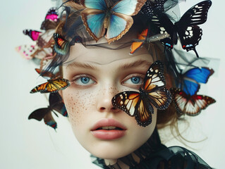 Portrait of beautiful young woman with butterflies on her face