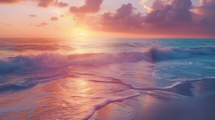 A vibrant sunrise casting warm colors across a sandy beach, with waves gently breaking. - obrazy, fototapety, plakaty