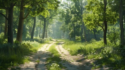 Obraz premium A winding dirt road disappearing into a dense forest on a sunny summer day, with sunlight dappling the leaves.