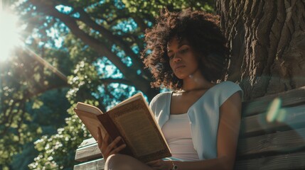 A young woman with short, curly hair, deeply engrossed in a paperback book on a weathered wooden park bench, sunlight dappling through the leaves of a towering oak tree.