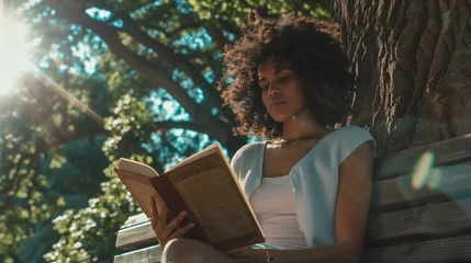 Fotobehang A young woman with short, curly hair, deeply engrossed in a paperback book on a weathered wooden park bench, sunlight dappling through the leaves of a towering oak tree. © Dave