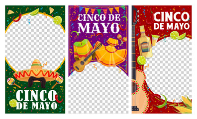 Cinco de Mayo Mexican holiday for social media template banners, vector frame and background. Cinco de Mayo holiday banners with sombrero and mustaches, guitar and maracas, poncho and tequila