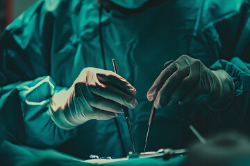 Surgeon using medical surgical instruments in darkoperating room - obrazy, fototapety, plakaty