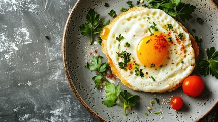 A plate of food with a fried egg and parsley on top. The plate is on a grey background
