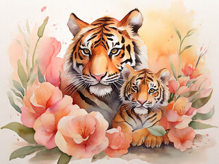 Naklejka premium A mother tiger and her cub ai generative