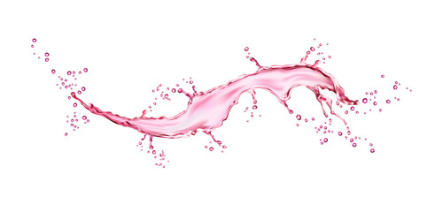 Realistic pink water long splash, juice or wine wave splashes with drops splatter. Vector pink transparent water explosion in long wave flow or spill pour for fruit juice drink or sweet berry syrup - obrazy, fototapety, plakaty