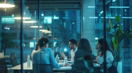 Obraz premium a group of people is discussing in a modern meeting room, closer look