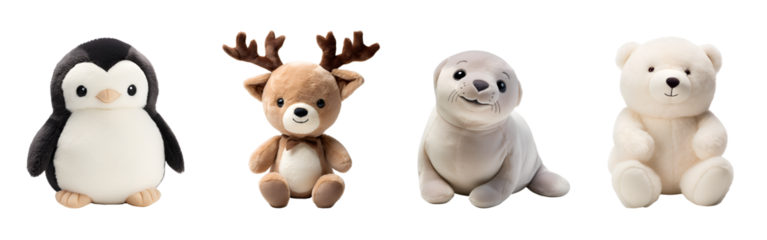 Polar Bear, Seal, Penguin, and Reindeer: Cute Stuffed Animal Toy Set in 3D Cartoon Illustration, Isolated on Transparent Background, PNG