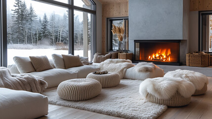 Scandinavian Winter House. Modern Winter Interior - obrazy, fototapety, plakaty