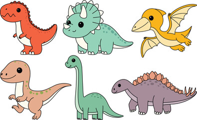 Set of Cute Dinosaurs coloring page isolated on white background. Stegosaurus, Pteranodon, Brachiosaurus, Velociraptor, Tyrannosaurus, Triceratops