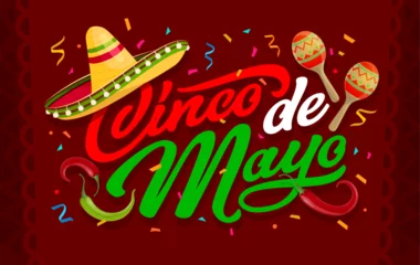 Fototapeten Cinco de mayo typography with sombrero hat, flying confetti, maracas and pepper, traditional symbols of Mexico. Vector greeting card for party celebration. National Latin America celebratory event © Vector Tradition
