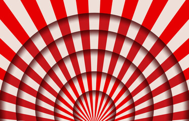Paper cut circus or theater stage with striped line curtains, vector background. Funfair carnival or circus stage scene backdrop in papercut or paper cutout layers with red white radial stripe pattern - obrazy, fototapety, plakaty