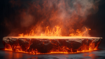 Fire lava podium rock volcano background product magma display 3d scene stone floor. Platform lava podium mountain fire smoke stage
