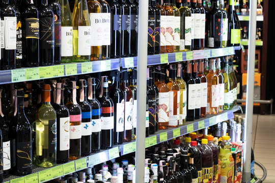 Belarus, Minsk - 20 november, 2023: Bottles of alcohol on the store shelf