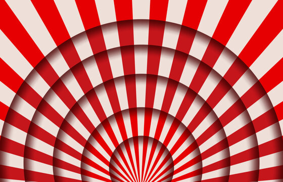 Paper cut circus or theater stage with striped line curtains, vector background. Funfair carnival or circus stage scene backdrop in papercut or paper cutout layers with red white radial stripe pattern