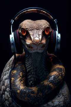 Snake with headphones. Snake listening to music