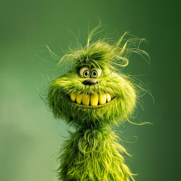 Cute green monster with fluttering hair and a big smile on a green background
