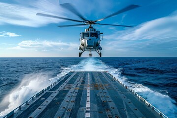 Helicopter hovering above a ship's deck with dynamic ocean views
