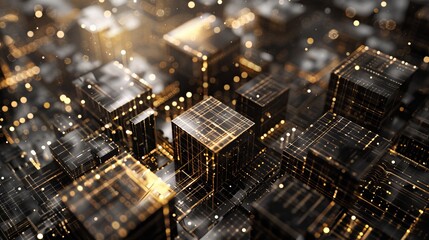 Abstract geometric background with futuristic technology cubes. Glowing cubes on dark background, blockchain concept.