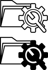 Obraz premium Testing icons. Black and White Vector Icons of Computer Folder, Gear, and Wrench. Programming and Coding Concept